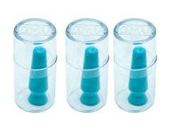 Three light blue DMV Scleral Cups arranged for display