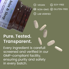 Ingredient panel listing magnesium glycinate, GABA, 5-HTP and herbs