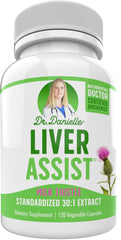 Doctor Danielle Liver Assist bottle front highlights organic milk thistle for daily liver support.