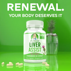 Doctor Danielle Liver Assist bottle side shows 120 capsules for a month-long detox routine.