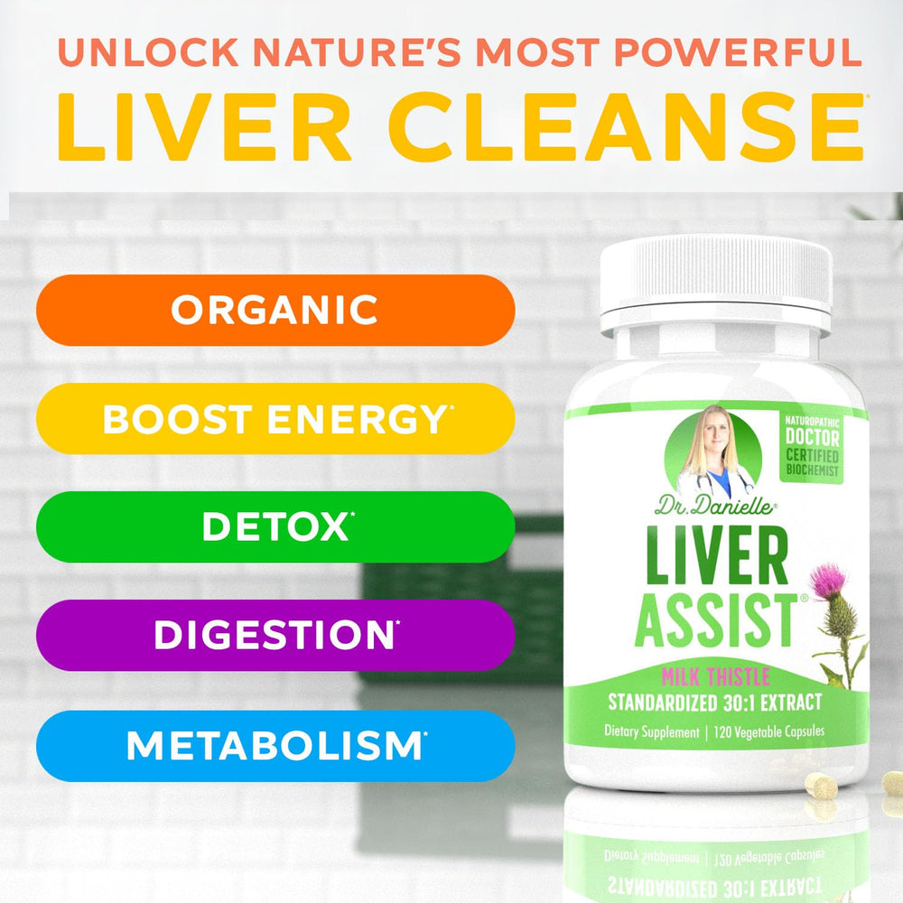 Doctor Danielle Liver Assist ingredients scene showcases milk thistle among an organic blend.