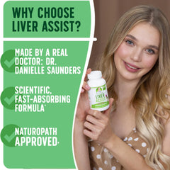 Doctor Danielle Liver Assist label closeup reveals clear branding and detox-focused messaging.