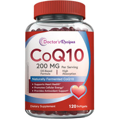 Doctor’s Recipes CoQ10 200mg softgels bottle with olive oil label