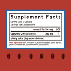Two oil-based CoQ10 200mg softgels representing enhanced absorption