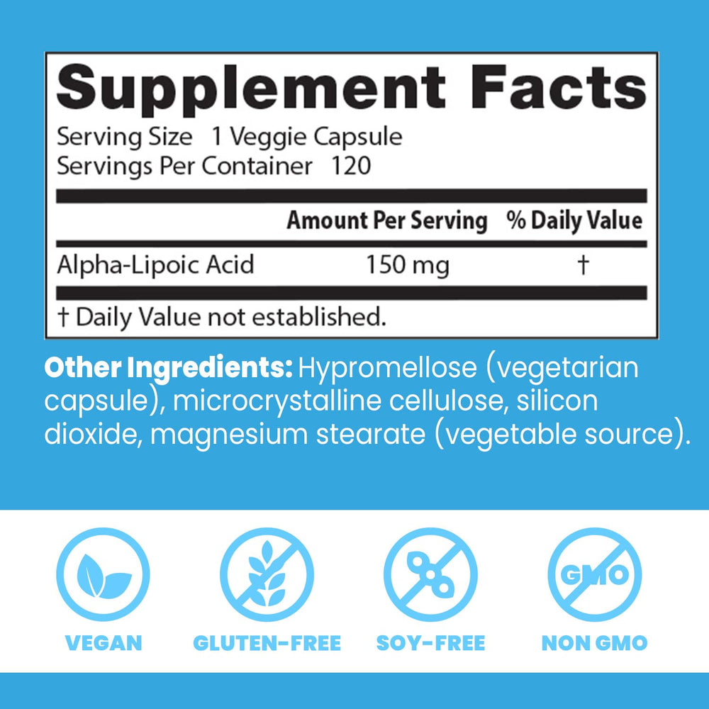Doctor's Best Alpha-Lipoic Acid ingredients panel highlights vegan formula and antioxidant support
