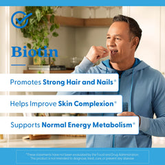 Biotin supplement bottle on a white background