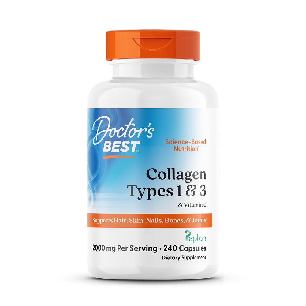 Doctor's Best Collagen Types 1 & 3 bottle front shows branding and dosage hinting at skin and bone support