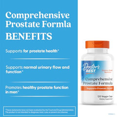 Doctors Best Comprehensive Prostate Formula bottle side shows gluten-free, vegetarian capsules for daily use.
