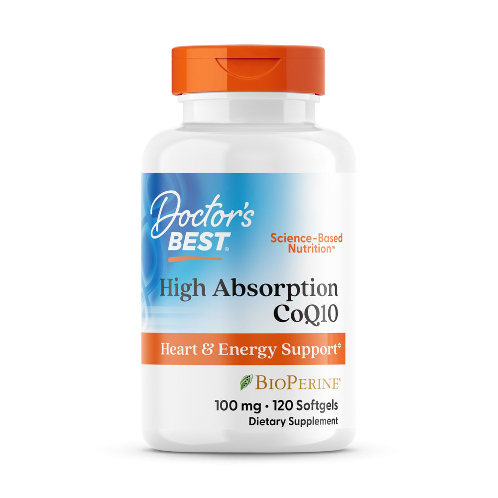 Front view of Doctor's Best High Absorption CoQ10 with BioPerine bottle, 100 mg, 120 count