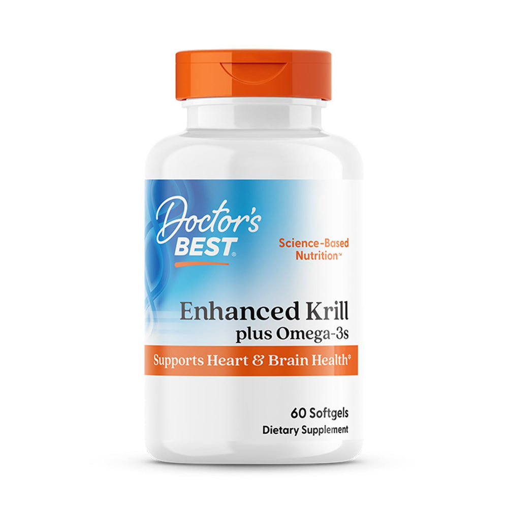 Doctor's Best enhanced krill bottle with softgels for daily heart and brain support.
