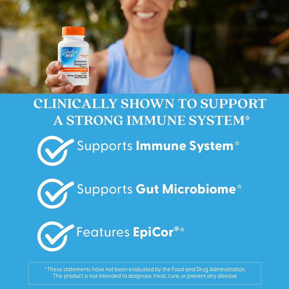 Doctor's BEST Immune Support gut health graphic illustrating prebiotic-like action supporting digestion
