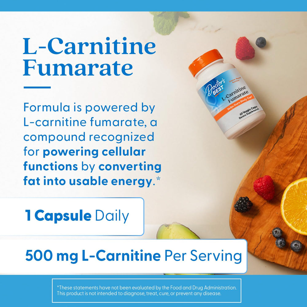 Doctor's BEST L-Carnitine Fumarate label highlights non-GMO, gluten-free, vegan formulation.