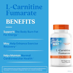 Doctor's Best L-Carnitine Fumarate packaging view suggests pharmaceutical-grade origins and controlled sourcing.