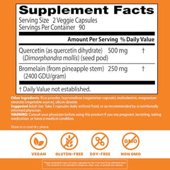 Supplement facts panel showing quercetin 500 mg and bromelain 250 mg per serving