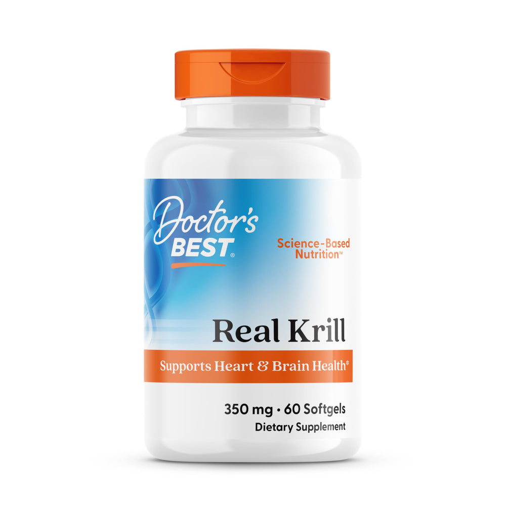 Doctor's Best Real Krill 350mg bottle showing daily omega-3 support in a practical package