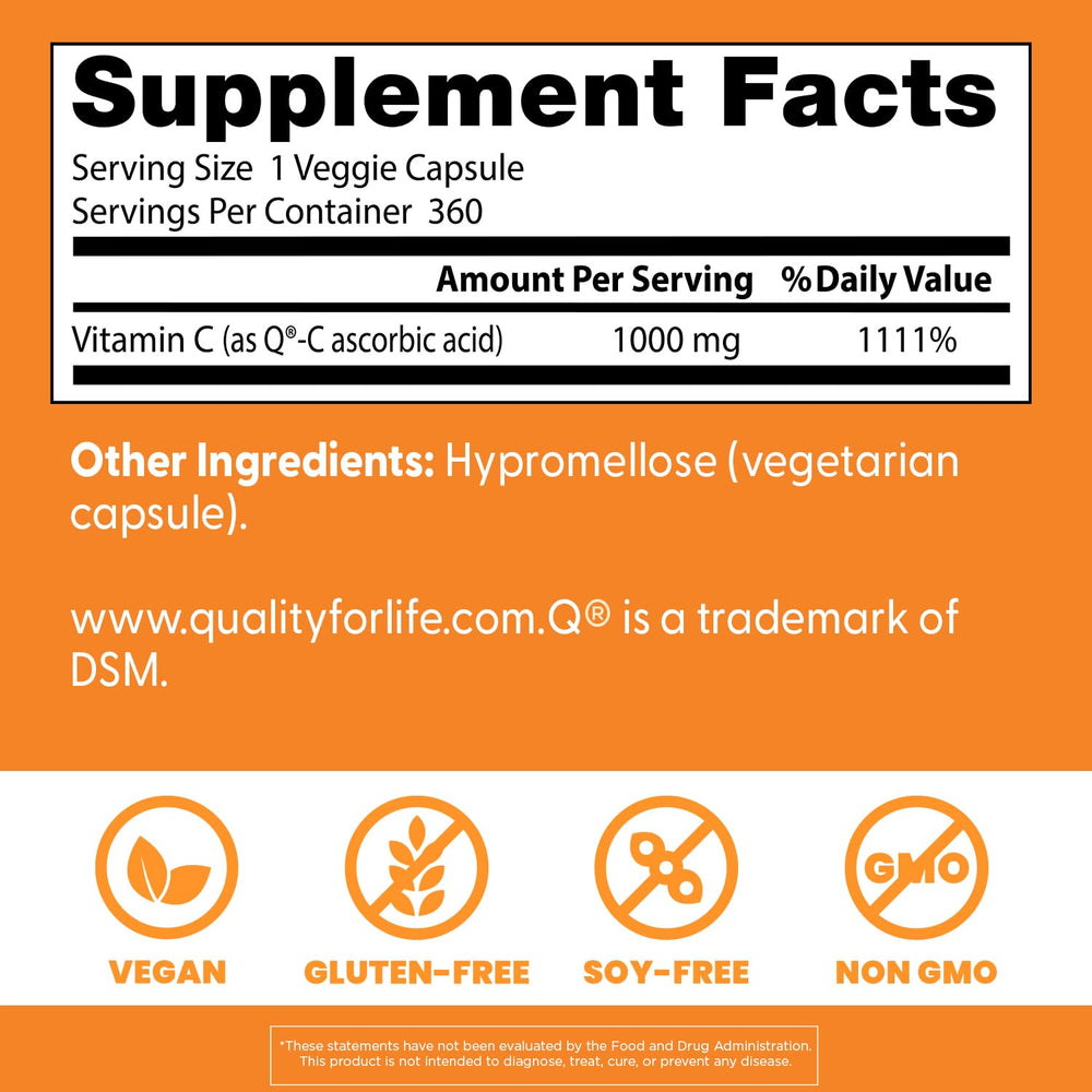 Supplement facts panel showing 1000 mg Vitamin C per serving