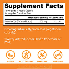 Supplement facts panel showing 1000 mg Vitamin C per serving