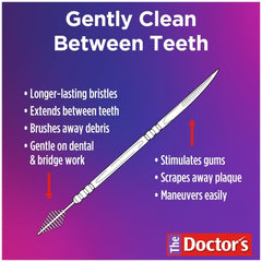 Interdental brush head reaching between teeth and braces