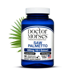 Bottle of Doctor Morse Saw Palmetto 10 to 1 extract, 500mg (equivalent to 5000mg) 90 capsules.