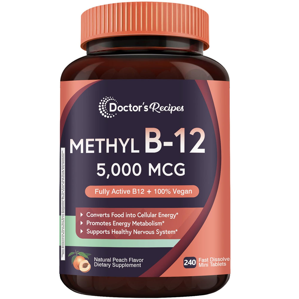 Main product shot of Doctor's Recipes Methyl B12 5000 mcg Peach flavor fast-dissolve tablets