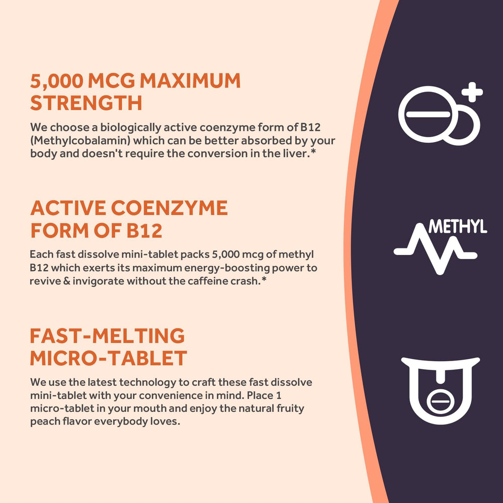 Peach-flavored B12 fast-dissolve tablet close-up