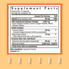 Close-up of collagen capsules and turmeric imagery