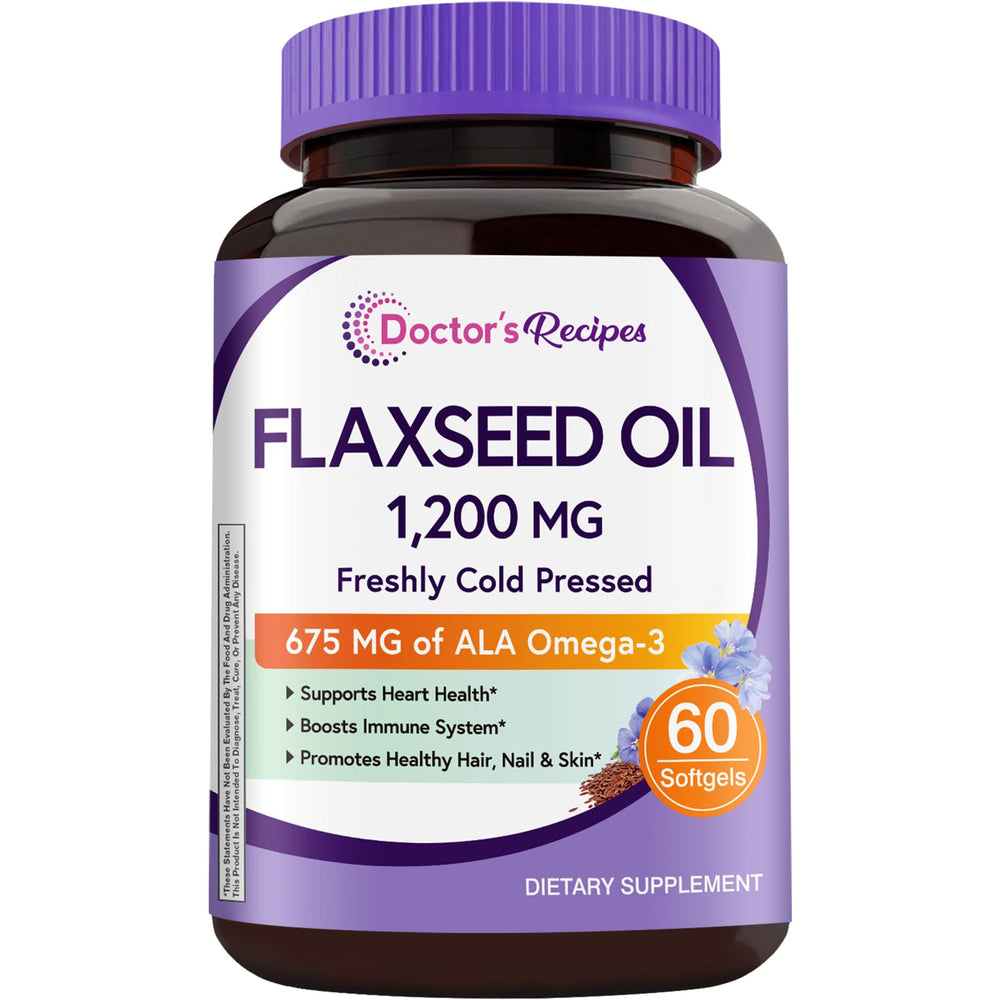 Doctor's Recipes Flaxseed Oil bottle – 1200 mg per softgel, 60 softgels total