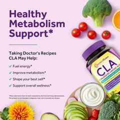 Doctor's Recipes safflower oil CLA label close-up highlighting 80% active CLA