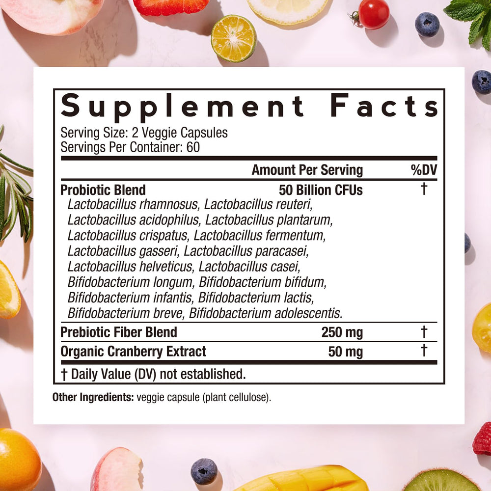 Doctor's Recipes Women's Probiotic bottle back with delayed-release information