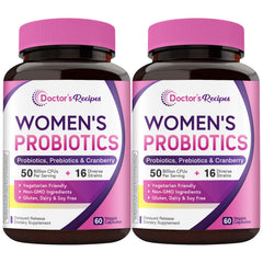 Doctor's Recipes Women's Probiotics bottle shows 50B CFU and 16 strains for daily gut support