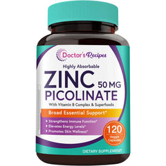 Bottle of Doctor’s Recipes Zinc Picolinate 50 mg – 120 vegan capsules