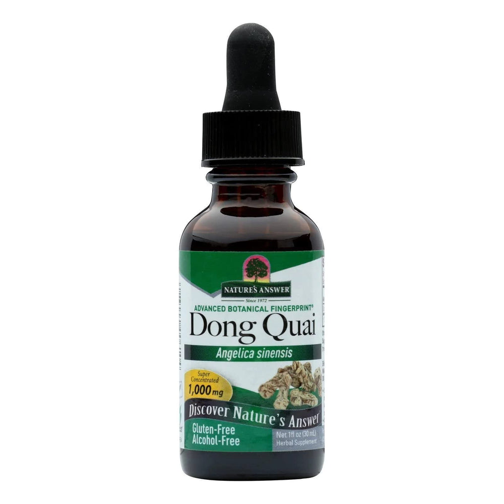 Bottle of Nature's Answer Dong Quai Root Fluid Extract (1 oz) – alcohol-free, gluten-free, kosher-certified.