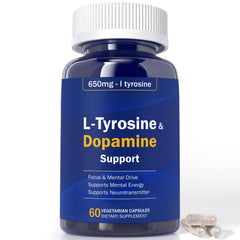 Dopamine Brain Food bottle label highlighting 650 mg L-Tyrosine per serving