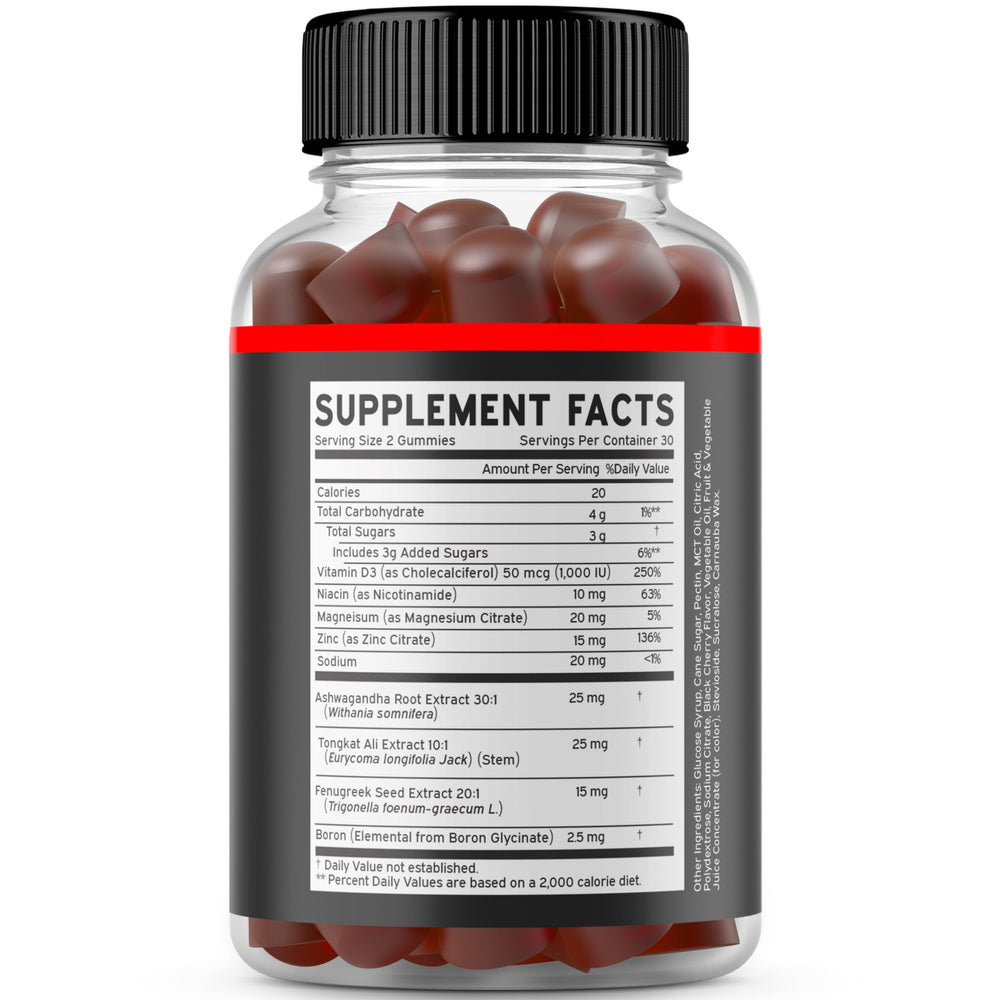 Dorado Nutrition testosterone gummies bottle side reveals potent ingredients for stamina and vitality.