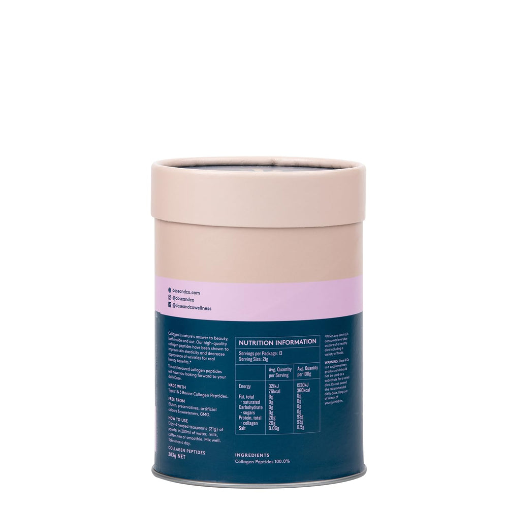 Back view showing nutrition panel of DOSE & CO Pure Collagen Peptides Unflavored 283 g