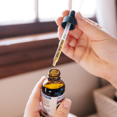 Drops being added to a beverage as dosage guidance