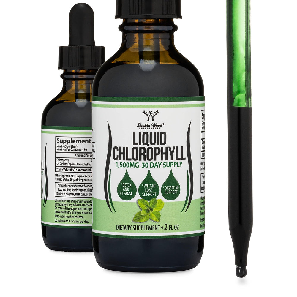 Double Wood Chlorophyll Drops bottle with peppermint flavor for refreshing hydration.