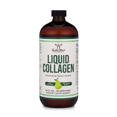 Bottle of Double Wood Liquid Collagen 2500mg Types 1 & 3 Grass-Fed Pear Flavor close-up
