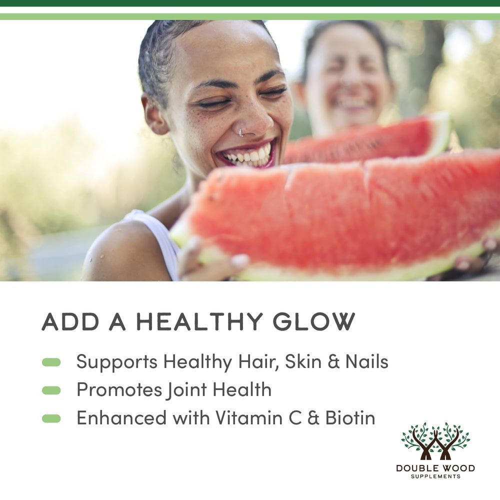 Biotin 30mcg supplement shown with collagen for hair and nails