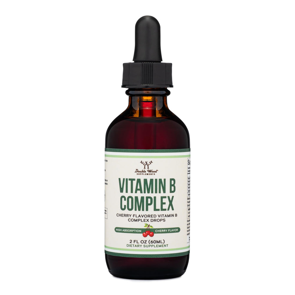 Bottle of Double Wood Liquid Vitamin B Complex Cherry flavor (2 FL OZ) with dropper