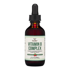 Bottle of Double Wood Liquid Vitamin B Complex Cherry flavor (2 FL OZ) with dropper