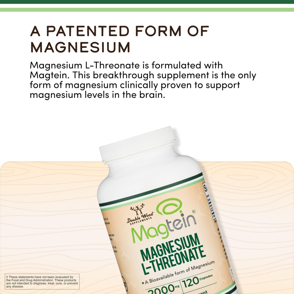 Double Wood Magnesium L-Threonate bottle on a clean desk setup