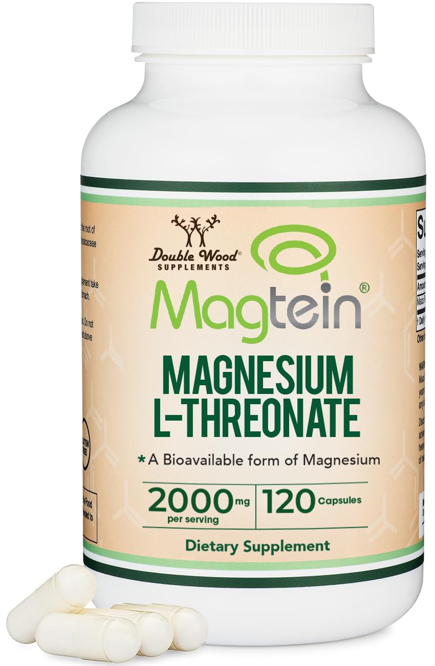Double Wood Magnesium L-Threonate bottle being poured for brain support