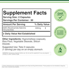 NAD+ 500 mg per serving label on bottle