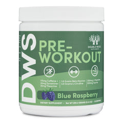 Double Wood Preworkout blue raspberry bottle ready for energized training sessions.