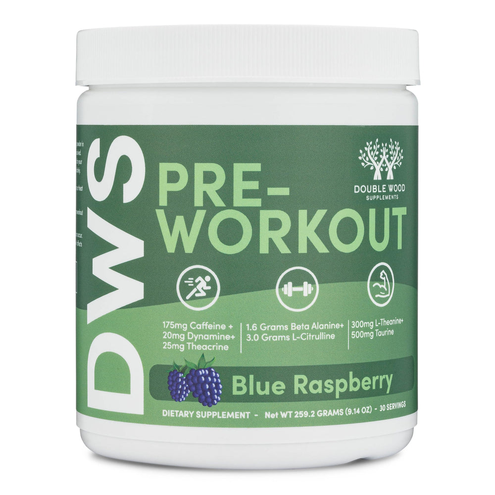 Double Wood Preworkout blue raspberry bottle ready for energized training sessions.