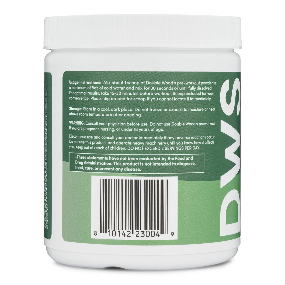 Double Wood Preworkout bottle with glass pouring suggests smooth energy during sessions.