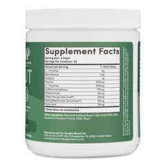 Double Wood Preworkout label closeup highlights ingredients for clean energy.