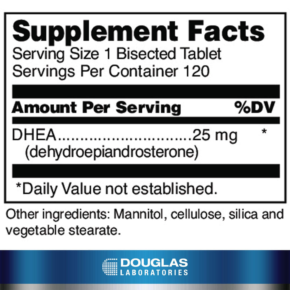 Front view of DHEA 25 mg dissolvable tablets bottle