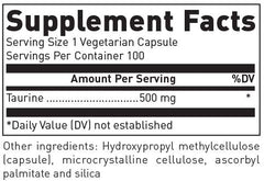 Close-up of Taurine 500 mg bottle label